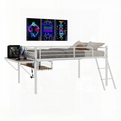 Lit mezzanine en métal avec bureau intégré et bande lumineuse à DEL, cadre blanc avec garde-corps de sécurité, échelle inclinée et rangement sous le lit, idéal pour les chambres d'enfants / adolescents.