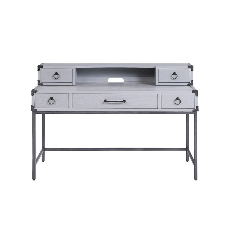 Gray Wood Writing Desk with Drawers and Metal Legs