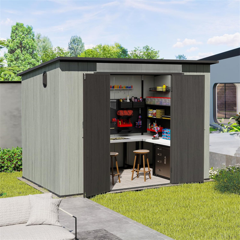 Remise de rangement extérieure en résine 6 x 9 pi avec fenêtres transparentes et évents à persiennes, remise à outils en plastique avec portes verrouillables doubles et toit incliné, remise de jardin extérieure pour la cour, le patio, la pelouse