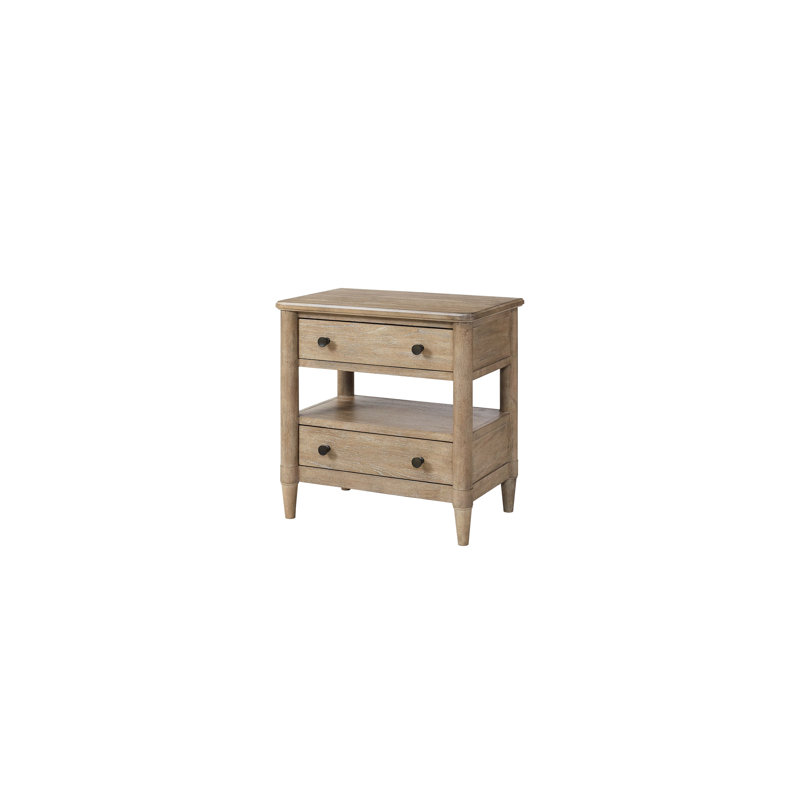 Table de chevet ouverte à finition sablée avec 2 tiroirs de rangement, dessus doublé en feutre, dessous en bois massif et 2 tiroirs de couleur moderne - Essential