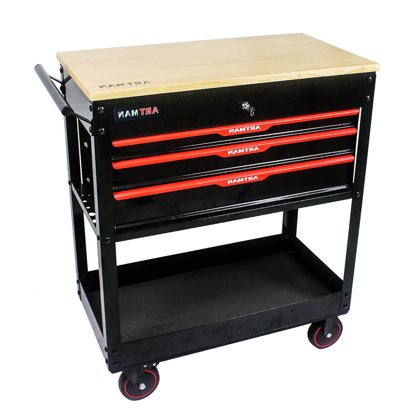 Chariot à outils multifonctionnel à 3 tiroirs avec roulettes et plateau en bois
