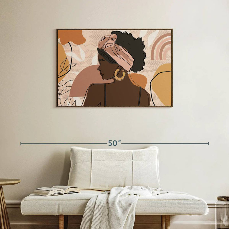 Boho, fille africaine, 37 po x 25 po, Cadre flottant noyer