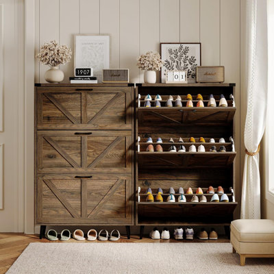 Freestanding Shoe Cabinet With Flip Drawers, Narrow Entryway Shoe Organizer With Storage Cubby And Anti-Tip Design For Hallway, Foyer, Farmhouse Style