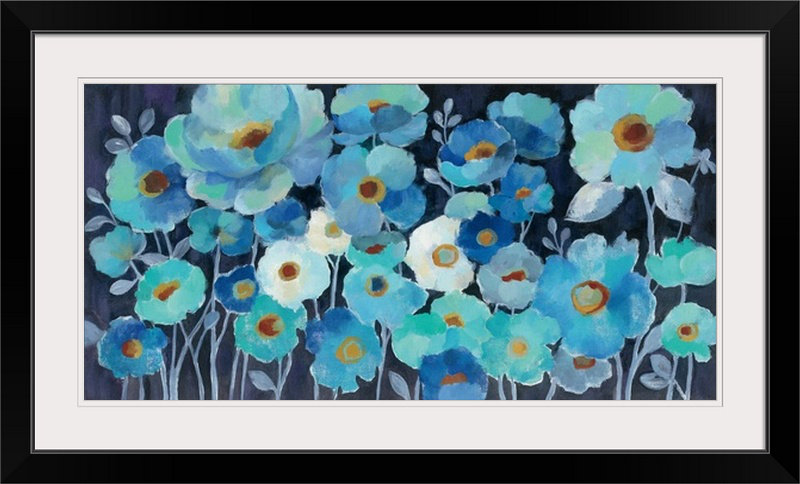 «Indigo Flowers» par Curie, reproduction d'art, H 32 po x l 56 po x P 1 po, Cadre noir