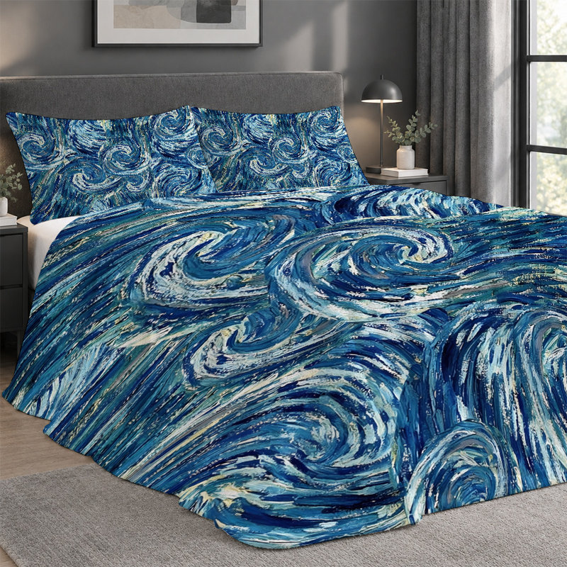 Premium Flannel Lightweight Blanket & 2 Pillow Shams Set with Expressive Blue Ocean Waves in Textured Oil Paint, Ultra-Soft & Warm Cozy Bedding Set for All-Season, 60" x 80" Blanket + 2 Pillowcases Anti-Pilling & Machine Washable(Set of 3)