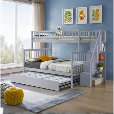 Twin Over Full Stairway Bunk Bed With Trundle,Grey