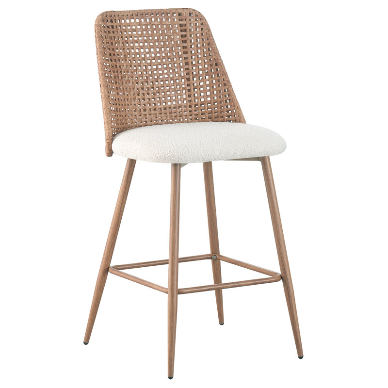 White Upholstered Rattan and Metal Counter Stools, Set of 2