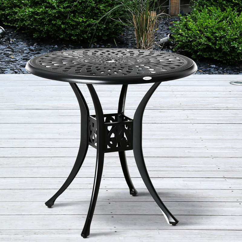 Table de salle à manger ronde noire 30 "avec trou pour parasol, table d'extérieur en fonte d'aluminium. Matériau rouille, conception bistro équilibrée, pieds réglables