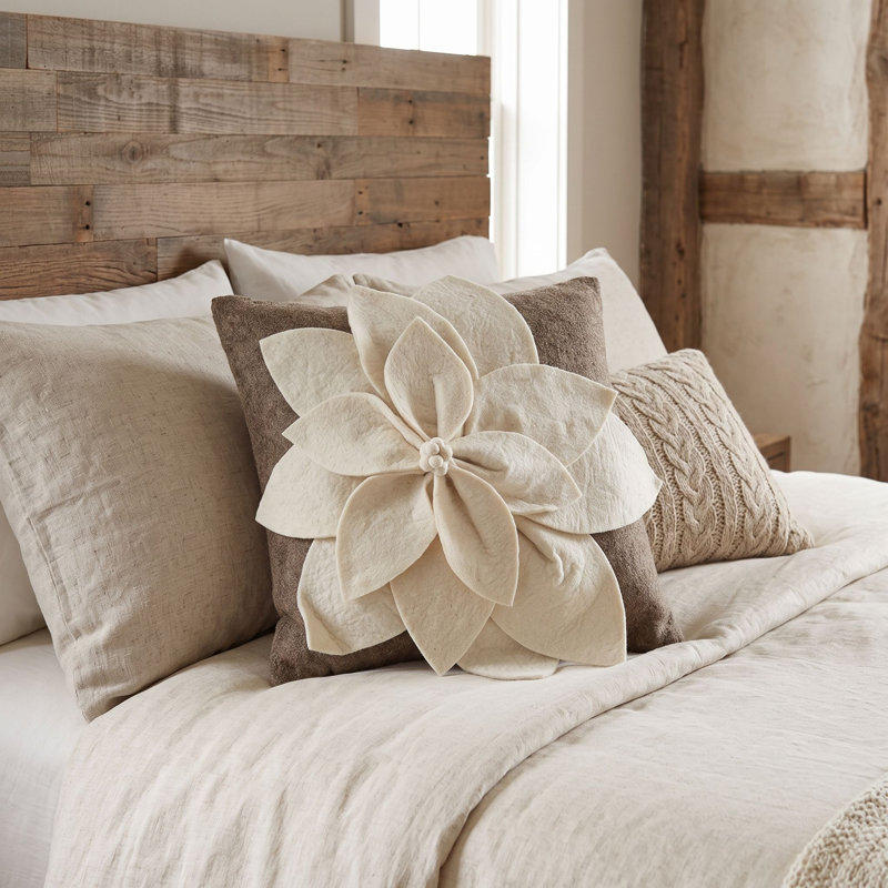 Coussin en laine feutrée à la main - fleur 3D - 20 po, Crème, Housse de coussin seulement - sans coussin