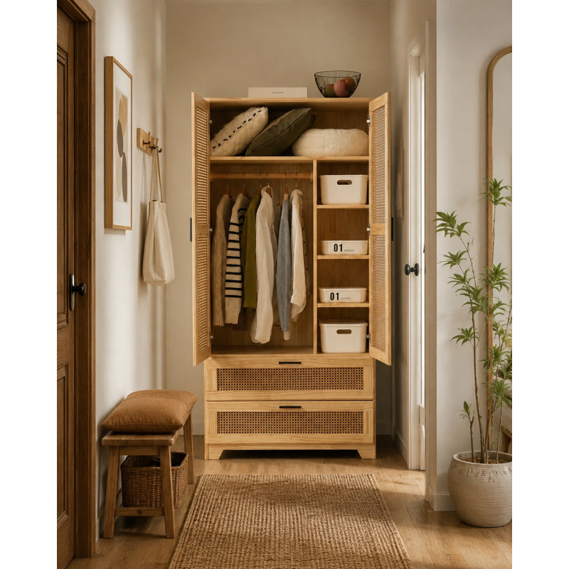 Armoire en rotin massif avec 2 tiroirs, Naturel
