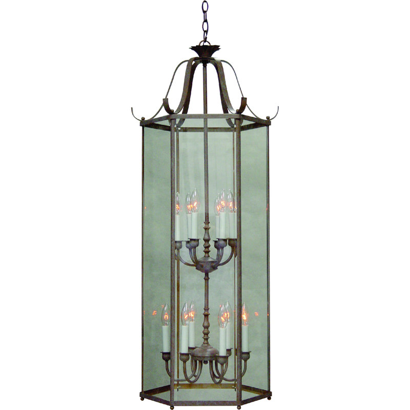 Lustre cylindrique 12 lumières avec panneaux en verre biseauté candélabre, Roche des Prairies