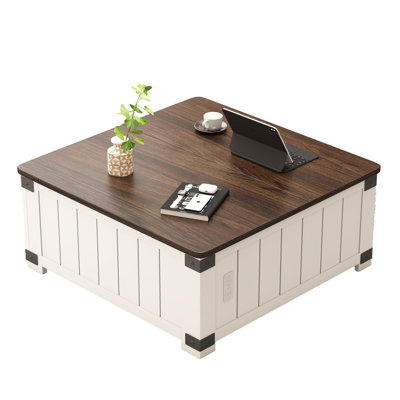 Farmhouse Lift Top Coffee Table with Storage, Wood Square Center Table with Charging Station&USB Ports, Living Room Central Table 4 grids Large Hidden -  Red Barrel Studio®, 3EFF83DBDE0544FCA5DC7D1D12D67E98