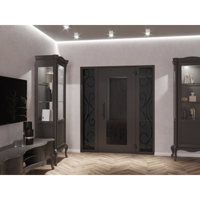 Front Exterior Prehung Aluminum Door Iron 1633 Black Entry Steel Metal Classic Painted 60 x 80 (12+36+12 x 80)-Right-hand Inswing
