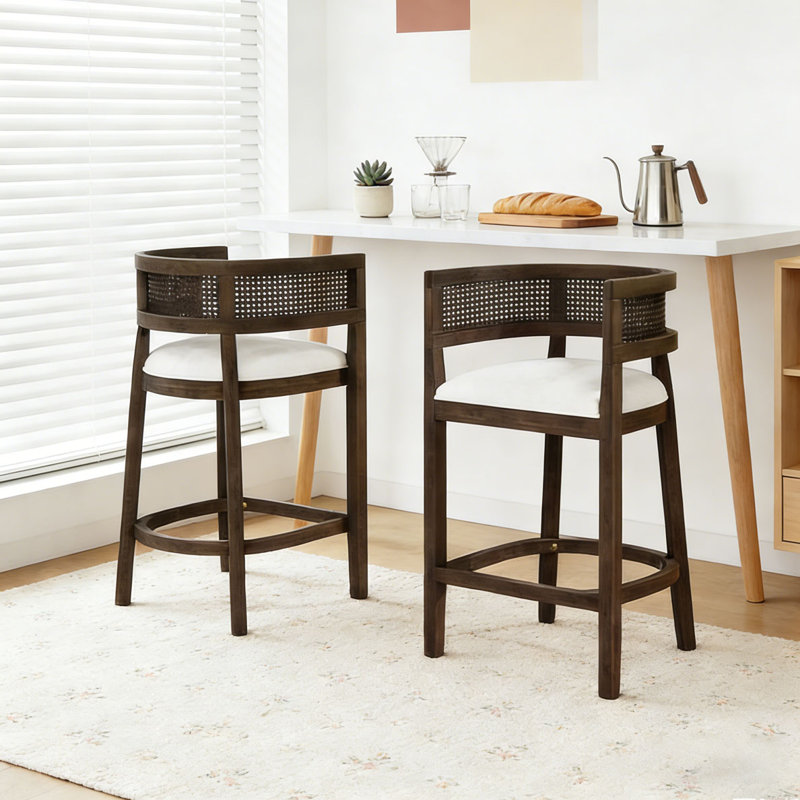 Tabourets de comptoir rembourrés en bois et rotin, Beige, noyer