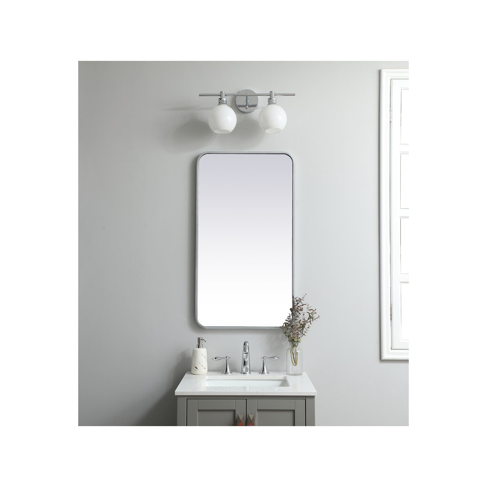 Sabine Metal Rounded Rectangle Wall Mirror, 36" x 20", Silver