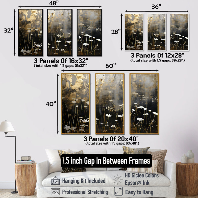 «Gilded Garden Blooming Meadows III», ensemble de reproductions d'art mural, Cadre flottant doré, H 40 po x l 60 po x P 1 po