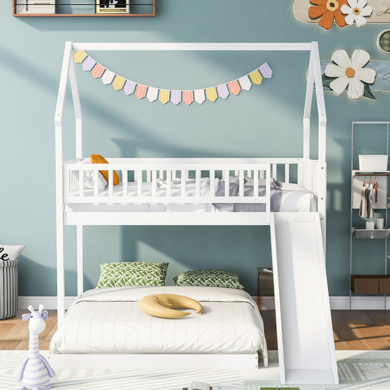 Twin Over Full Bunk Bed With Slide And , White Color, Solid Materials, Full Guardrail House Slide, Resilient Build, White