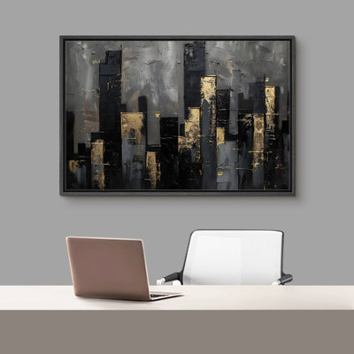 Moody Gold Gray Abstract Dark City Buildings Bedroom Artwork Framed Canvas Print Wall Art