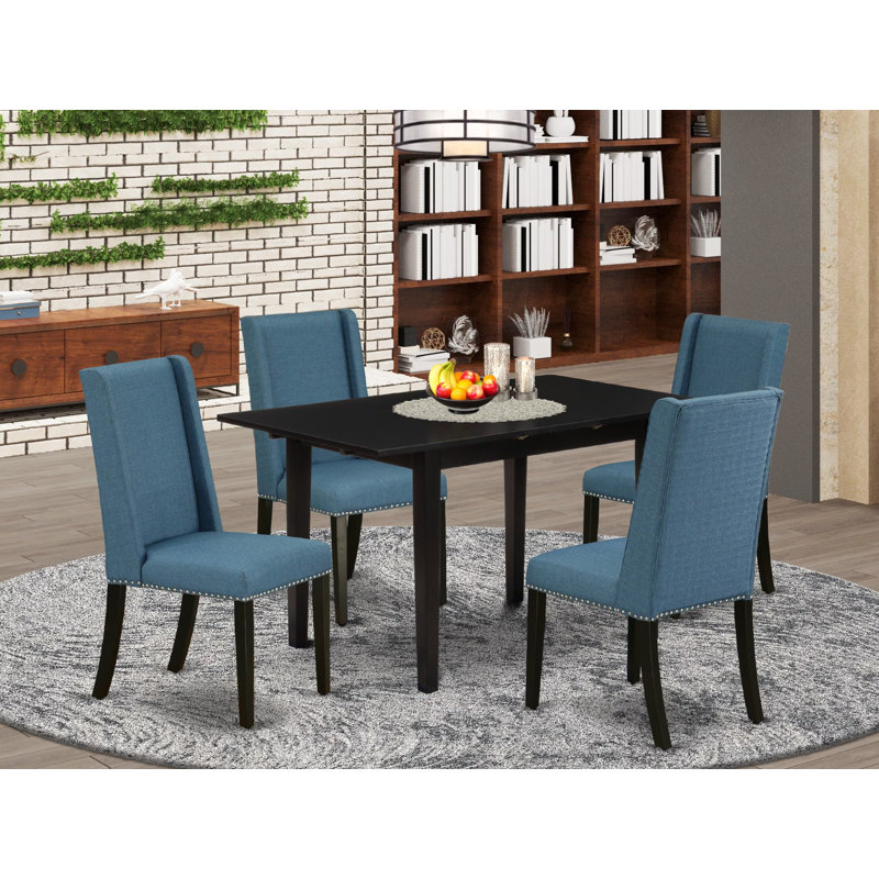 Ensemble de 5 pièces pour coin-repas pour 4 personnes comprenant une table de salle à manger rectangulaire avec rallonge papillon et 4 chaises rembourrées en tissu de lin bleu, noir