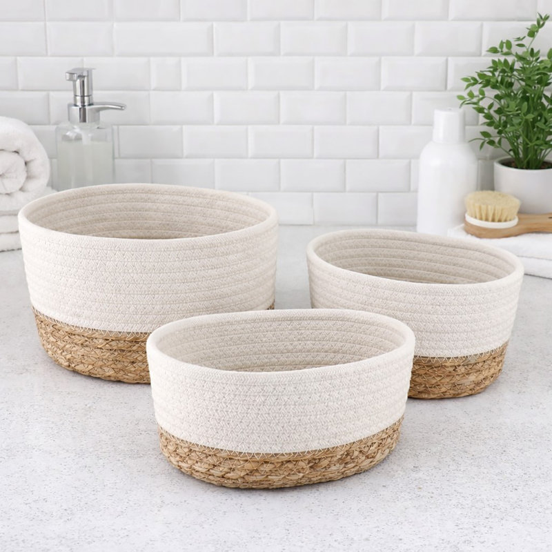 Padang 3-Piece Cotton Basket Bin, White/Natural