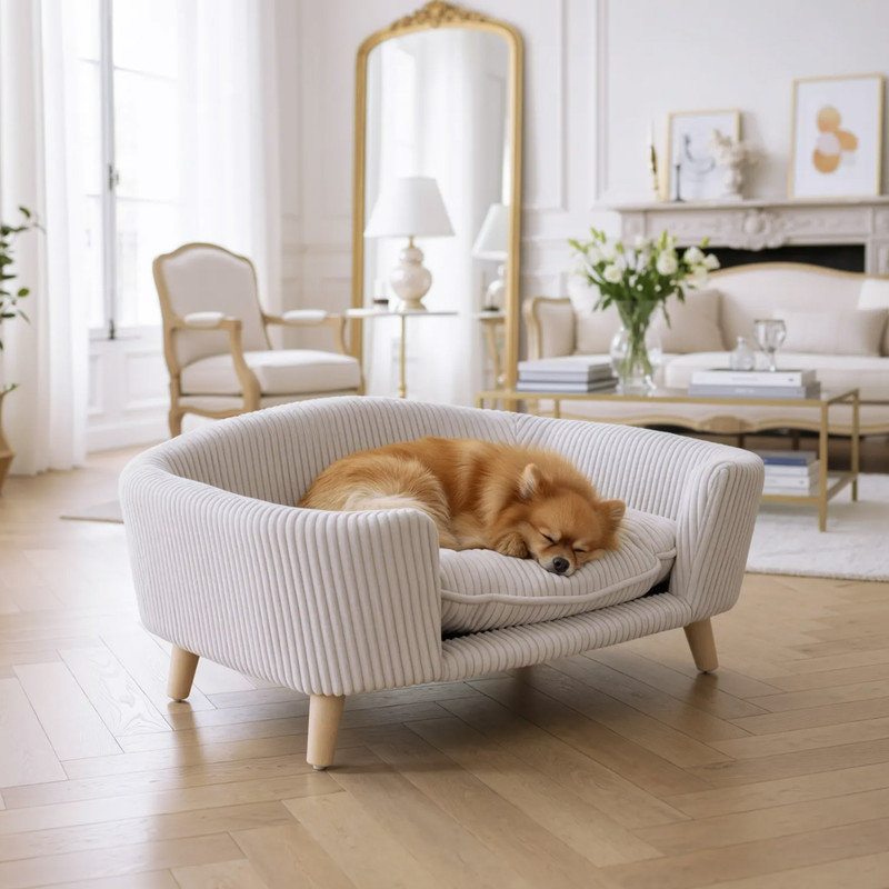 Lit pour chien surélevé de 30 po avec pieds en bois de bouleau, coussin touffeté et support orthopédique, Beige