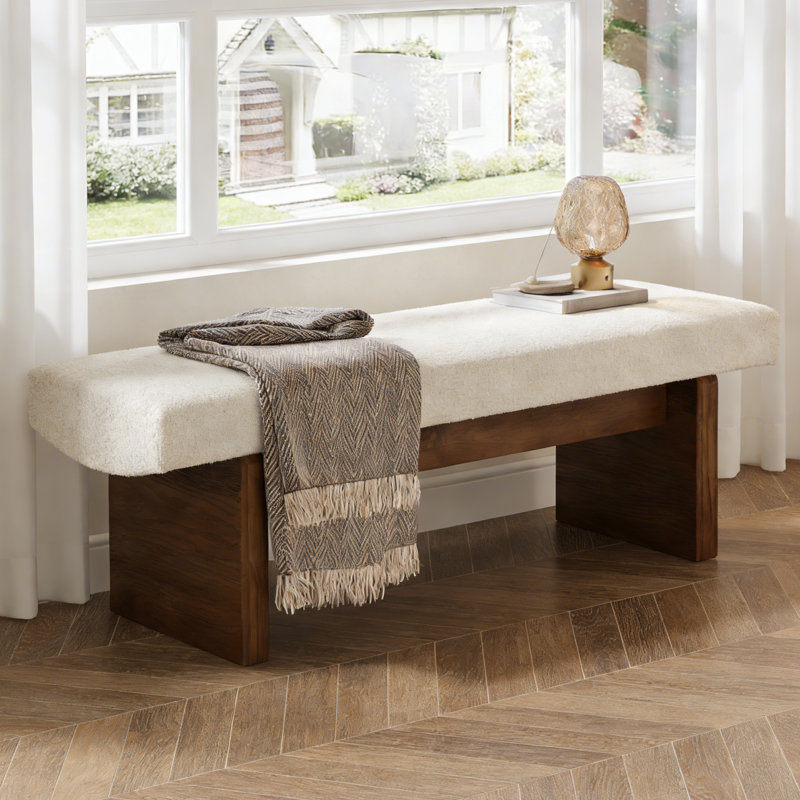 Banc de 55 po en bois massif, banc de chambre rembourré en faux agneau