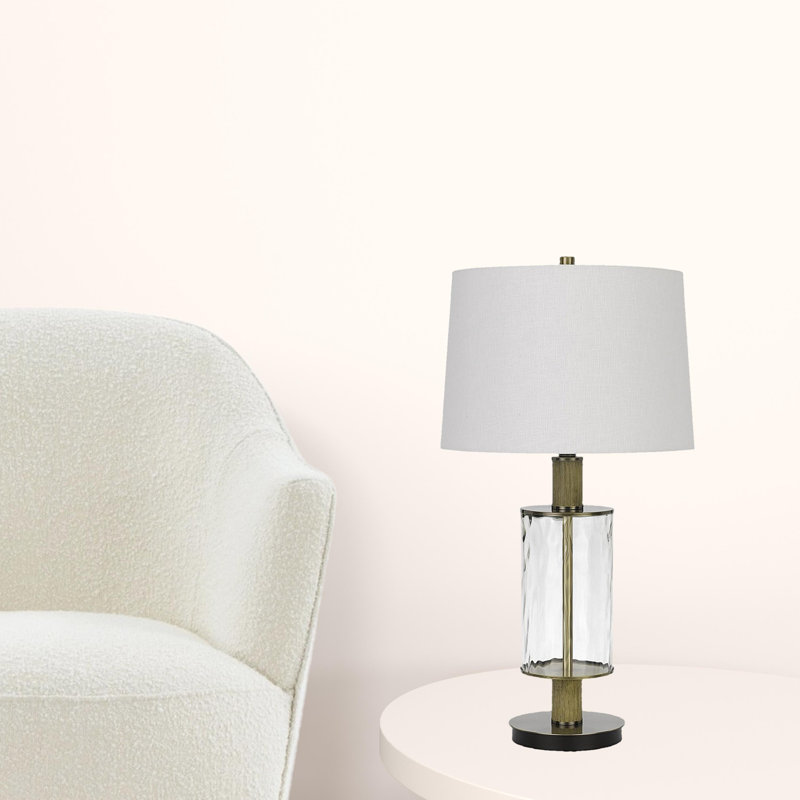 Murtadha Clear Glass Table Lamp with Dimmer and Oak Wood Accent.