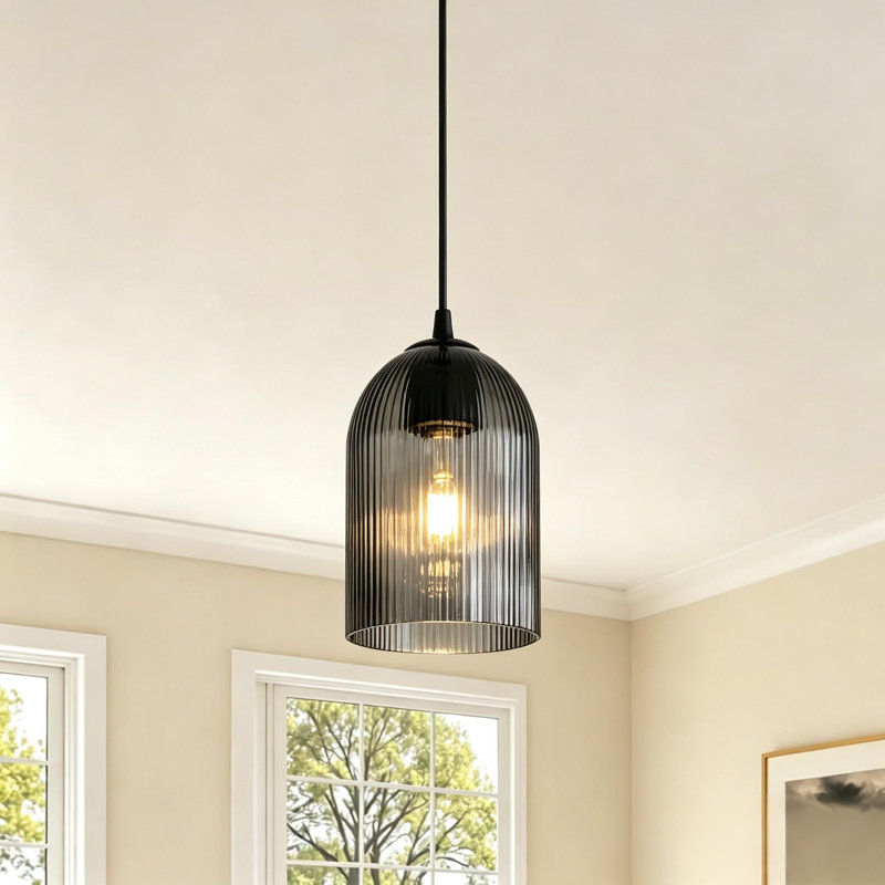  Dansby 1 - Light Ribbed Glass Pendant Light for Dining Room, Grey, Matte Black