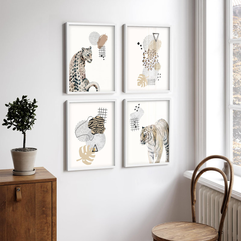 "Guépard dans la jungle, tigre et géométrie, nature, désert, décor moderne", 4 pièces, Blanc, H 14 po x l 11 po