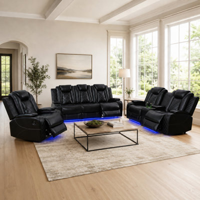 3-Piece Power Recliner Sofa Set, Faux Leather Home Theater Couch with LED Light, Cup Holders & Arm Storage