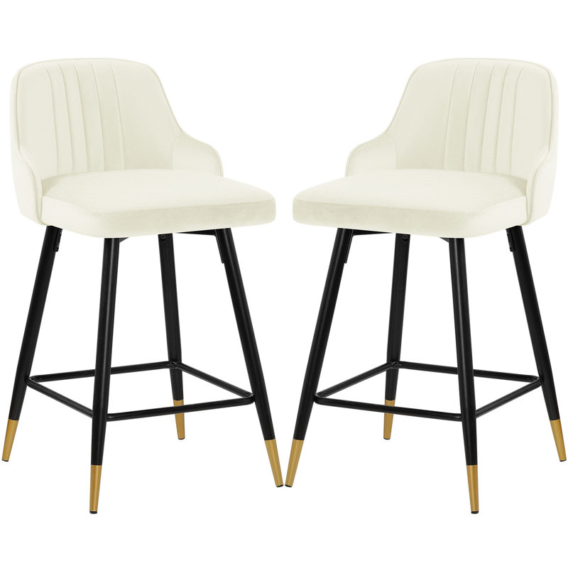 Swivel Velvet Upholstered Counter & Bar Stool With Solid Metal Frame, Beige, 2, Counter Stool (65cm Seat Height)
