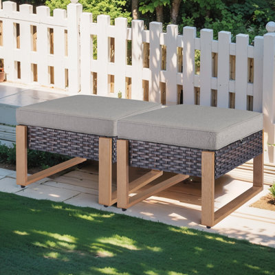 Drazen Outdoor Wicker Patio Ottomans Set - 2 Pieces Rattan Footrests With Thick Cushions