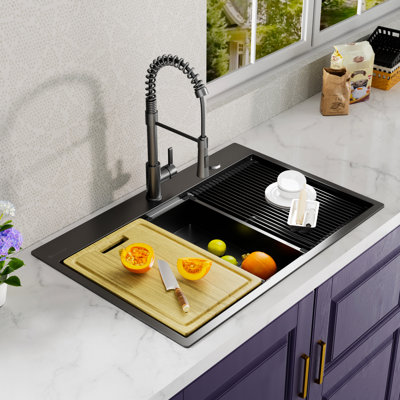 32 po Évier de cuisine en acier inoxydable noir L 10 po x P 22 po avec extras, 32 x 22 po, noir, conçu