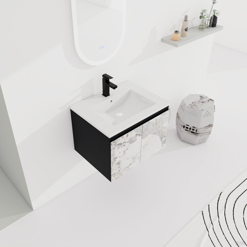 Meuble-lavabo flottant mural avec lavabo en céramique et porte d'armoire à fermeture en douceur, ensemble KD, 24"