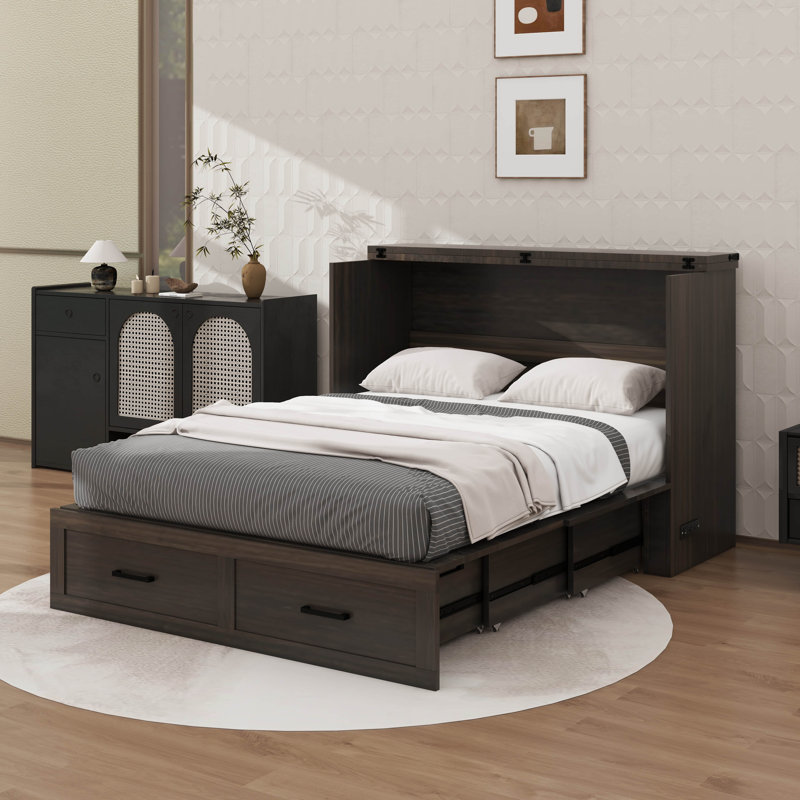 Grand lit escamotable avec station de charge, Gris rustique