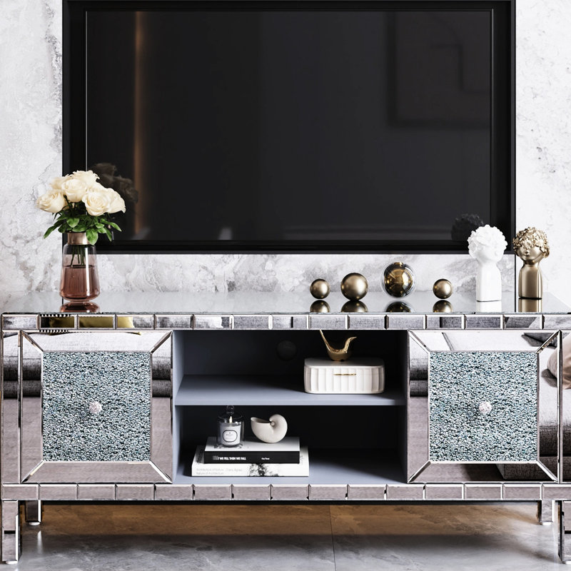 Meuble télé moderne de 60 pouces avec miroir, compatible avec les téléviseurs jusqu'à 65 pouces, portes d'armoire à motif diamant, compartiments de rangement personnalisables, design scintillant texturé, espace ajustable