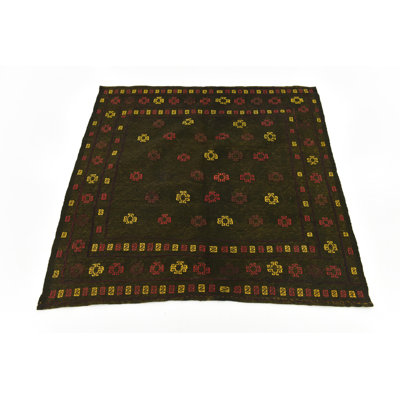 Tapis de zone en laine vert 4 pi 3 po x 4 pi 4 po one-of-kind-noué la main Earley