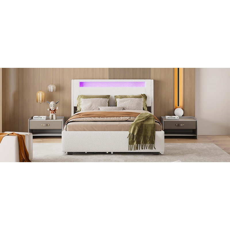 Lit plateforme tapissier Jomana, Double, Blanc