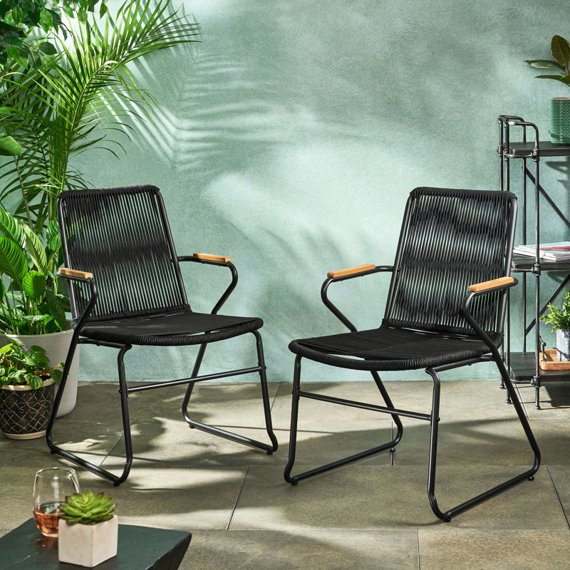 2pcs Modern Seating, Black Woven Rope, Iron Frame, Outdoor, 23.15"w X 21.88"d 33.49"h, Contemporary, Handmade Frame Outdoor Chairs With Intricate Rope Decoration For Gladness, 23.15”w 21.88”d 33.49”h