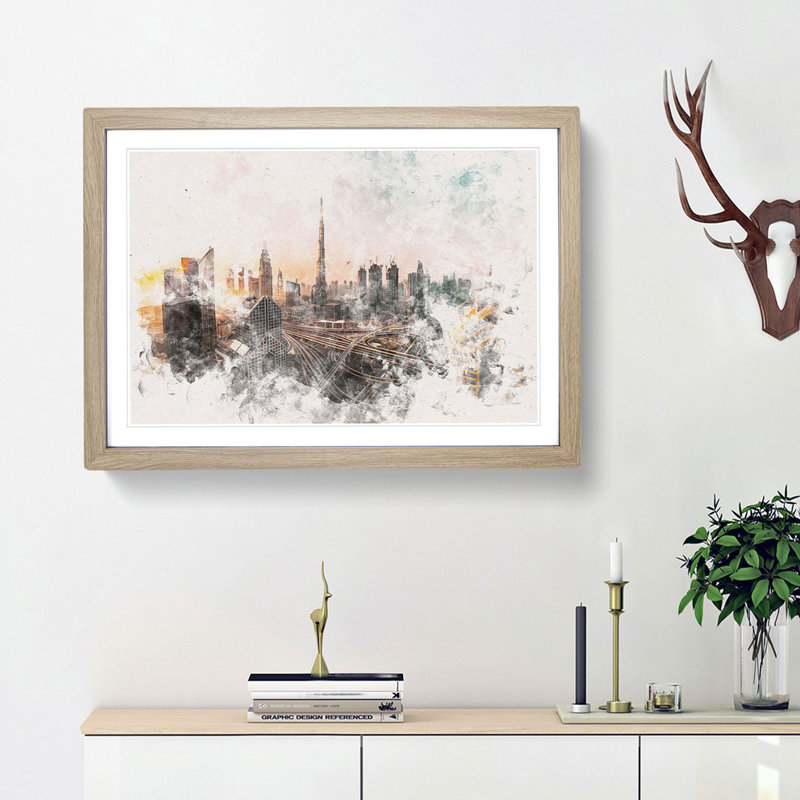 Burj Khalifa Dubai Skyline - Single Picture Frame Painting on MDF, 62cm H x 87cm W x 2cm D, Oak Framed