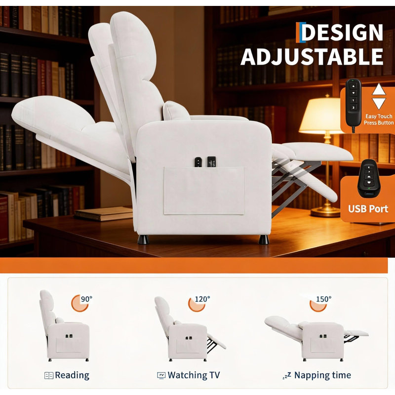 Power Recliner Chair, with 2 Side Pockets and USB Port, White