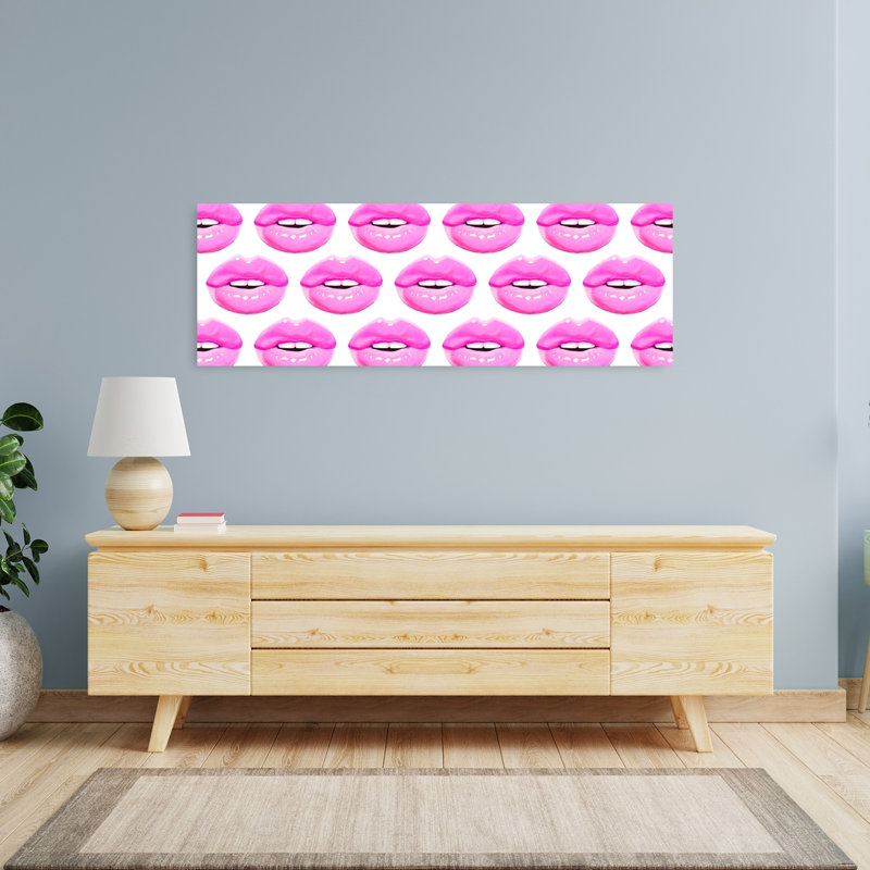 Art mural moderne rose brillant à lèvres brillantes, H 16 po x l 48 po