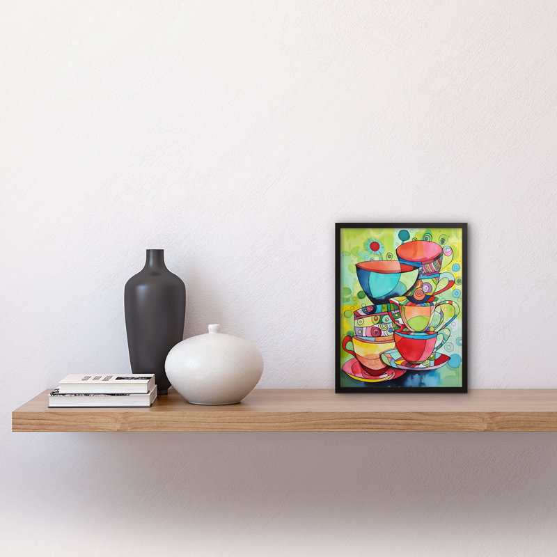 Abstract Tea Cups Folk Art Kitchen Artwork Framed Wall Art Print 9X7 Inch