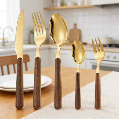 Ensemble de couverts en acier inoxydable avec poignée en grain de bois - Ensemble de 20 cuillères à fourchette à couteaux à steak, ustensiles plaqués or pour la maison et l'hôtel