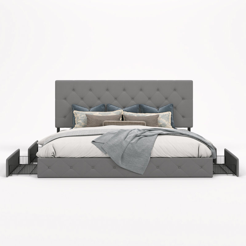 Silvester Modern Upholstered Platform Storage Bed with Wooden Slats, no box spring needed, Queen