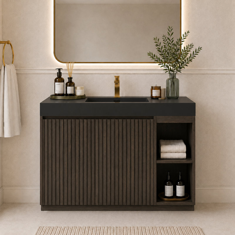 Meuble-lavabo autoportant de 122 cm (48 po) avec lavabo monobloc en surface solide, armoire de rangement spacieuse, fermeture amortie et design moderne