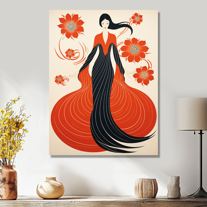 Décoration rétro japonaise, fleur rouge japonaise - femme asiatique, art mural, H 32 po x l 24 po, Sans cadre