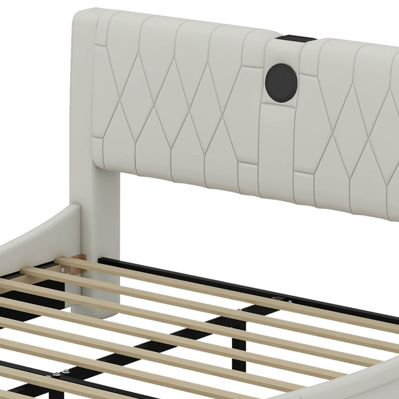 Lit plateforme tapissier luxueux en similicuir avec tête de lit épaisse, haut-parleurs Bluetooth et lumière DEL RVB, aucun sommier nécessaire