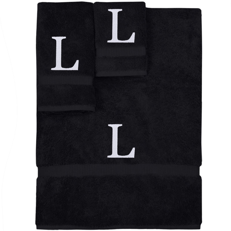 Ensemble de serviettes monogrammées - ensemble de 3 - lettre-bloc, Noir / blanc, L