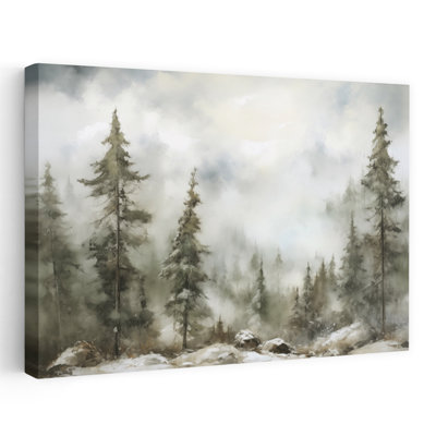 Randonnée hivernale - art contemporain de paysage de pin brumeux de forêt contemporain